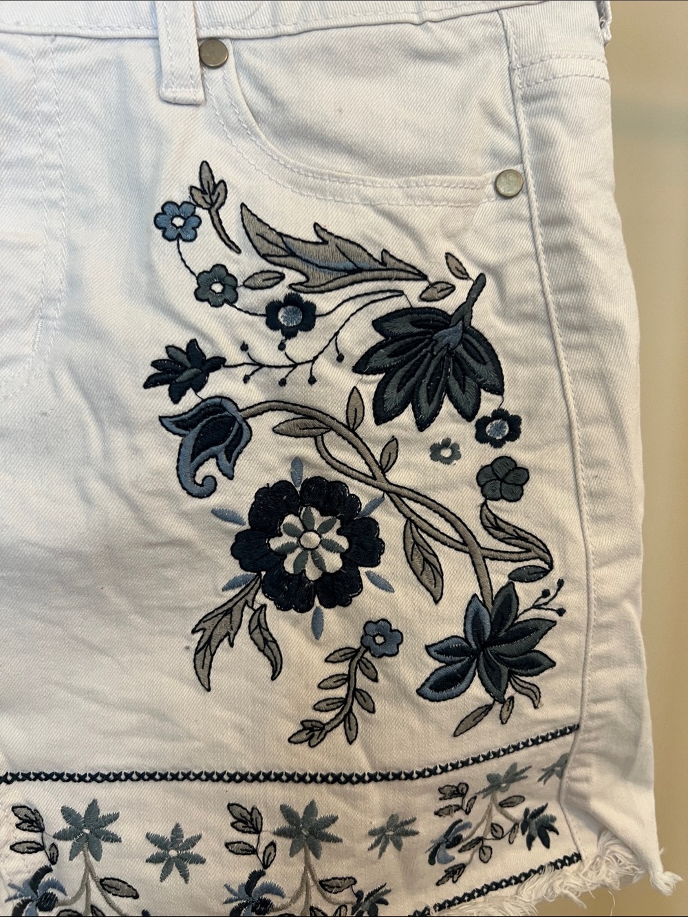 White Embroidered Denim Skirt with Blue Floral Accents - Picture 3 of 5